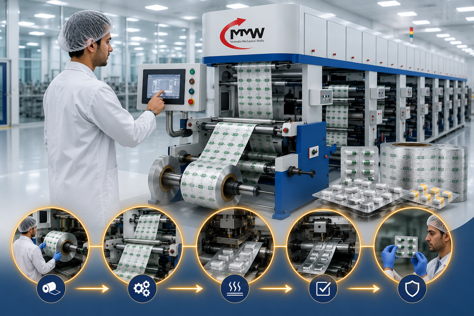 Pharmaceutical Foil Printing Machines with printed aluminium foil rolls and blister packs