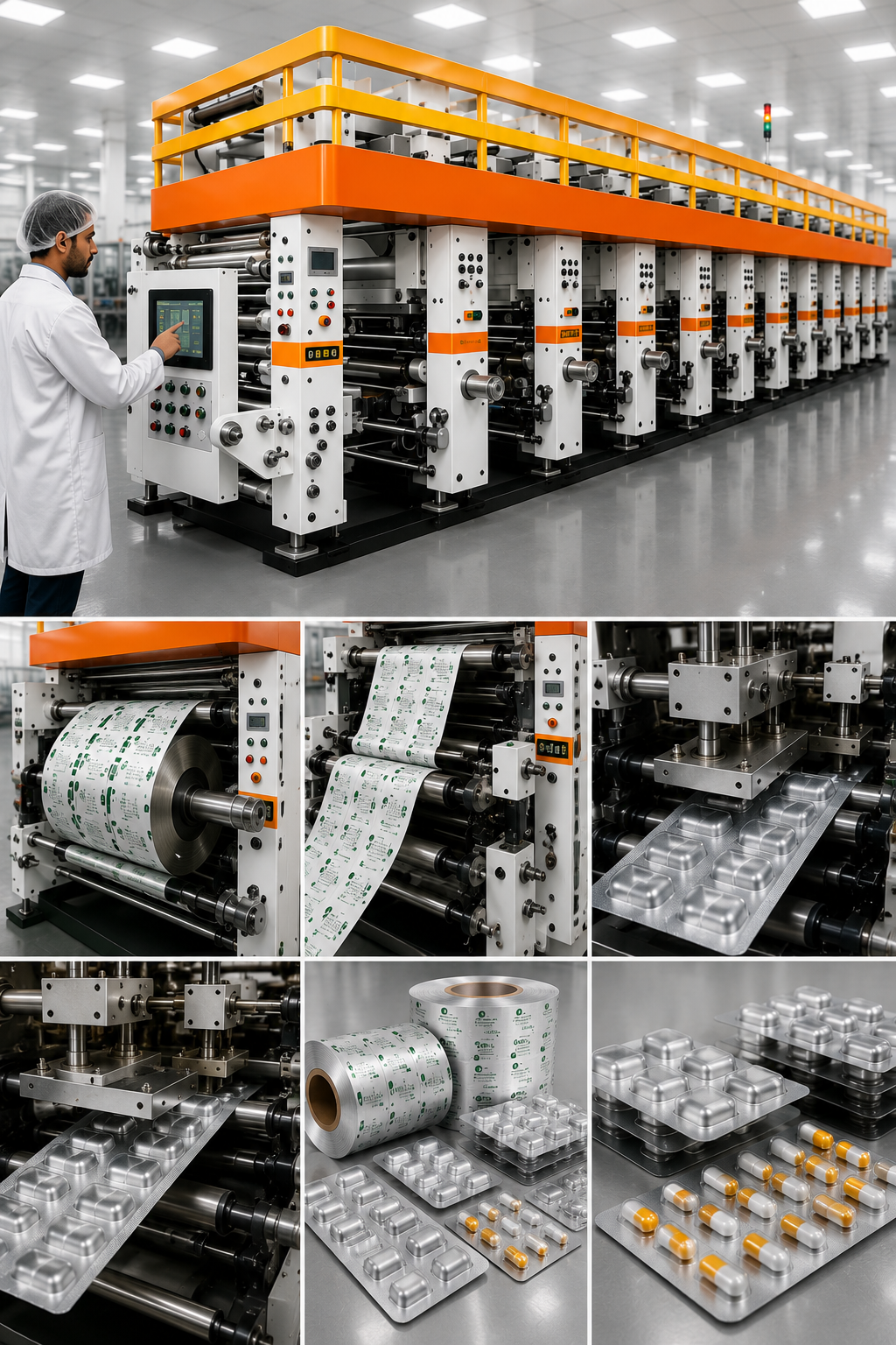 Pharmaceutical Foil Printing Machines with printed foil rolls and blister pack output